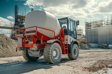 Red and white cement mixer truck at construction site.