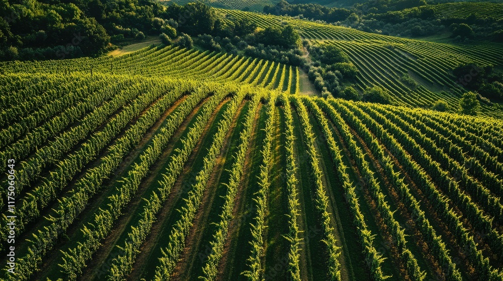 Poster Aerial view of vibrant vineyard rows in rolling green hills with empty space for text and design elements