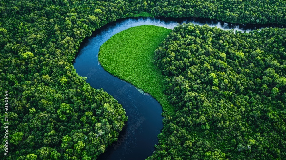 Poster Aerial view of lush green forest surrounding a winding river with a blank space for customizable text or graphics
