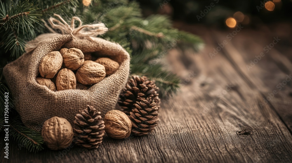 Aufkleber New Year and Christmas decoration with nuts in burlap sacks surrounded by fir branches and pine cones on rustic wooden background