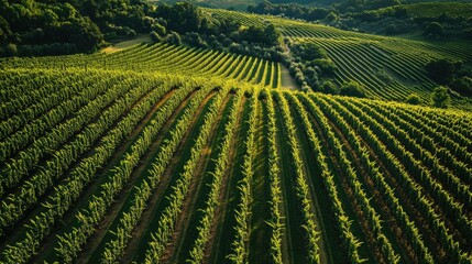 Fototapeta premium Aerial view of vibrant vineyard rows in rolling green hills with empty space for text and design elements