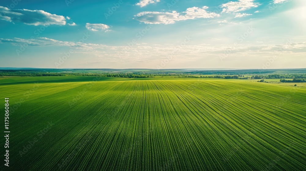Poster aerial landscape of lush green fields under a blue sky with scattered clouds ideal for text placemen