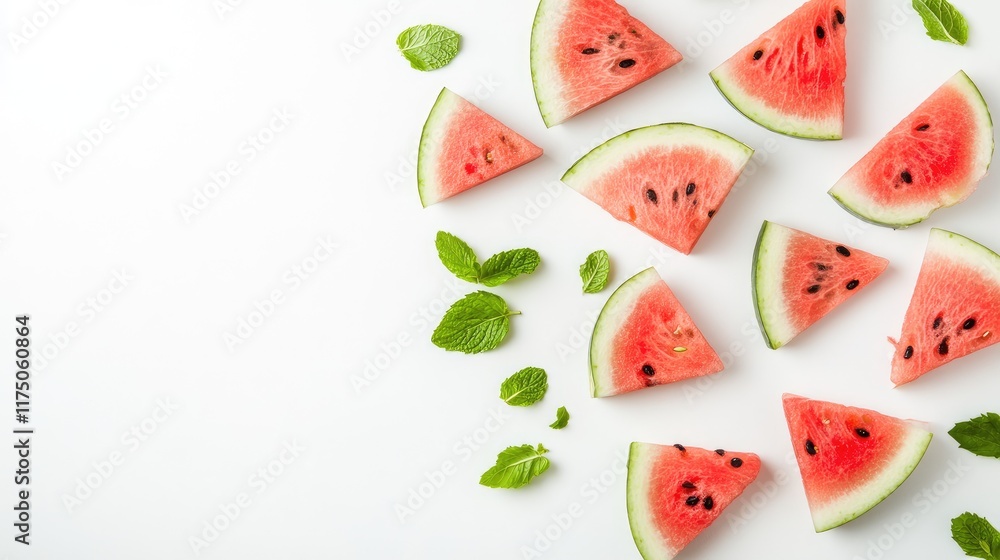 Aufkleber aerial view of fresh watermelon slices and mint leaves arranged on white background with space for t