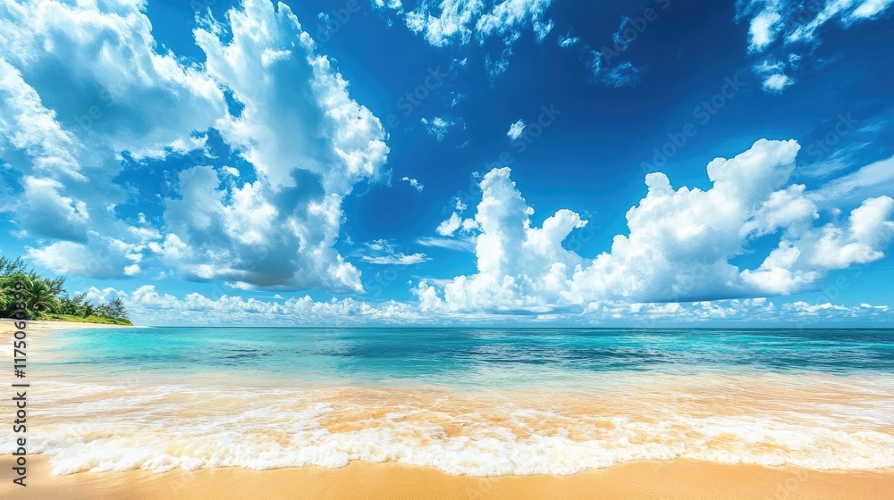Poster tropical beach scenery with azure sky and clouds over tranquil ocean waves and golden sand shoreline