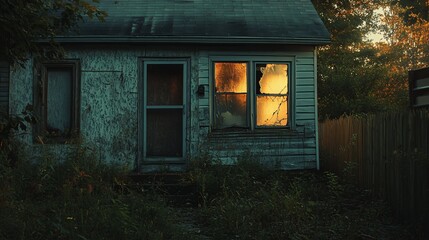 Abandoned house, sunset glow, broken window, overgrown yard, urban decay