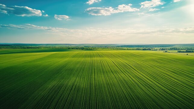 Aerial landscape of lush green fields under a blue sky with scattered clouds ideal for text placement or backgrounds in designs.