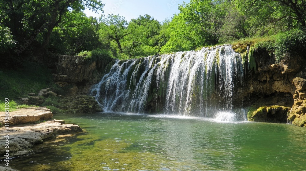 Poster serene cascading waterfalls surrounded by lush greenery and a tranquil pool for a peaceful nature es
