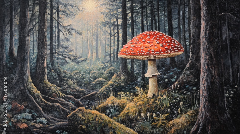 Poster vibrant amanita mushroom amidst a serene forest setting with lush greenery and soft morning light fi