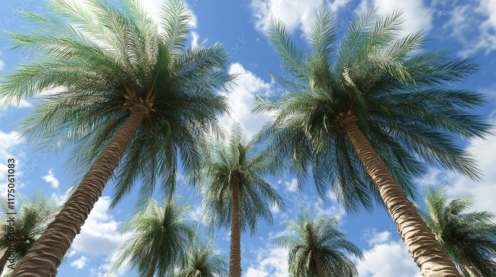 Poster lush date palm trees against a vibrant blue sky with fluffy clouds creating a serene tropical atmosp