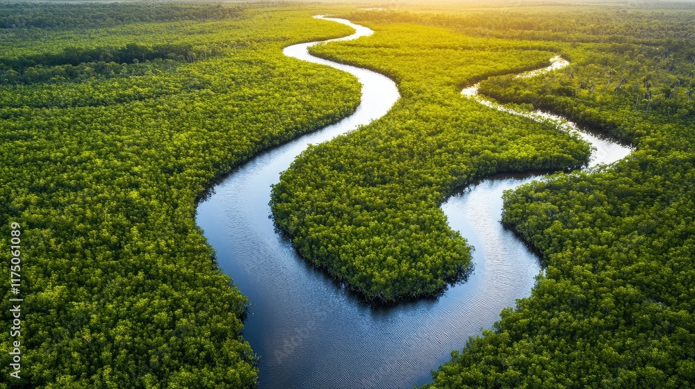 Poster aerial view of lush green wetlands with meandering mangrove waterways and expansive copyspace for te