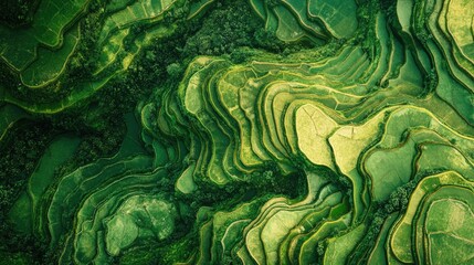 Obraz premium Lush Green Rice Terraces in Scenic Landscape Aerial View of Vibrant Agricultural Fields in Asia