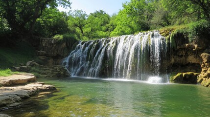 Serene cascading waterfalls surrounded by lush greenery and a tranquil pool for a peaceful nature escape