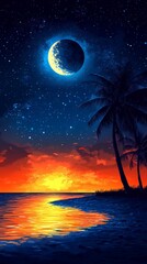 Nocturnal Tropical Seascape Crescent Moon, Sunset, and Palm Trees