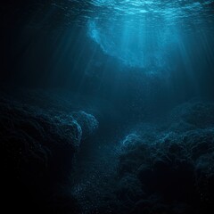 Obraz premium underwater scene, deep blue ocean, sunbeams penetrating water, ethereal light rays, submerged cave, bubbles rising, particles floating, mysterious atmosphere, dark depths, aquatic environment, serene 