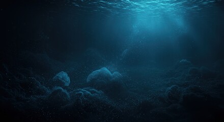 Obraz premium underwater scene, deep blue ocean, sunbeams penetrating water, ethereal light rays, submerged cave, bubbles rising, particles floating, mysterious atmosphere, dark depths, aquatic environment, serene 