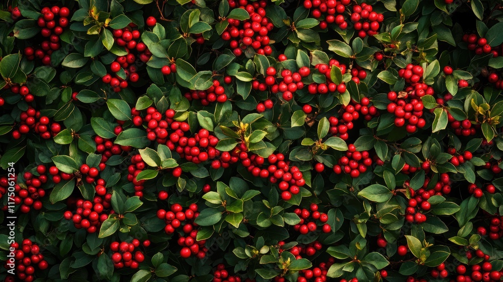 Poster Aerial view of lush green shrubs adorned with bright red berries providing ample space for creative text placement and design elements