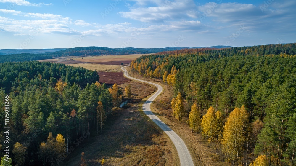 Aufkleber aerial view of scenic winding road amidst vibrant autumn forest colors with open space for text usag