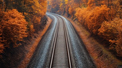 Naklejka premium Aerial perspective of winding train tracks framed by vibrant autumn foliage in shades of orange and yellow