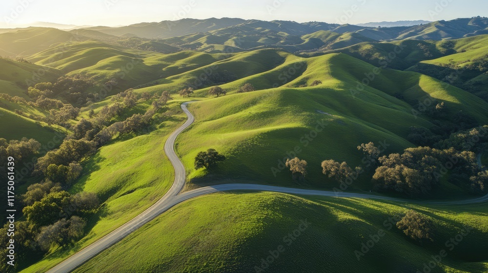 Poster Aerial view of a winding road through vibrant green hills in spring with a clear sky and space for text or messaging.