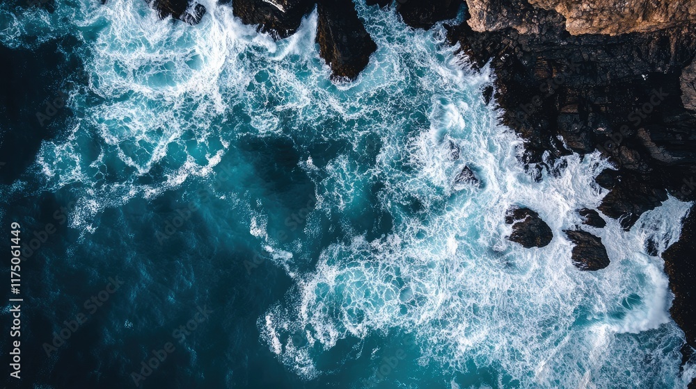 Poster aerial view of turquoise waves crashing on rugged rocky coastline with open space for text placement