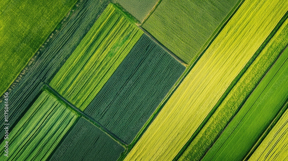 Aufkleber Aerial View of Lush Green Agricultural Fields with Distinct Geometric Patterns Ideal for Text Overlay and Creative Design Purposes
