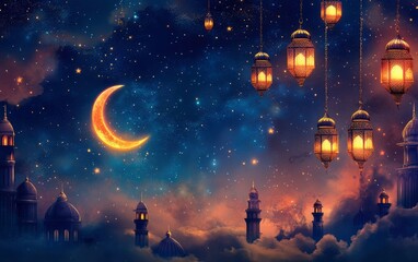 Beautiful night sky with a crescent moon and stars, a sunset sky background for a Ramadan banner. With copy space, Detailed photo of the new moon on a dark blue sky at dusk with colorful clouds. Space