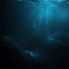 Obraz premium underwater scene, deep blue ocean, sunbeams penetrating water, ethereal light rays, submerged cave, bubbles rising, particles floating, mysterious atmosphere, dark depths, aquatic environment, serene 