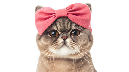 Adorable Exotic Shorthair Cat with Headband and Bow on White Background