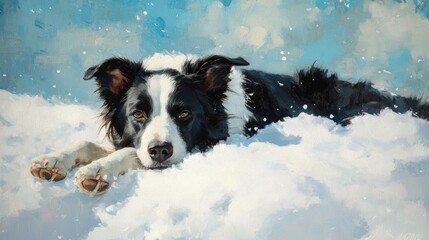 Fototapeta premium Border collie relaxing in snowy landscape with blue sky background showcasing a serene winter scene and playful canine spirit.