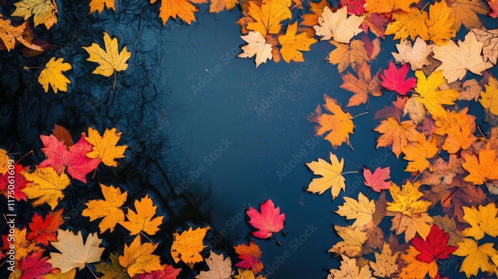 Aufkleber Aerial view of vibrant autumn leaves on serene lake surface with clear reflections and space for text placement in natural setting