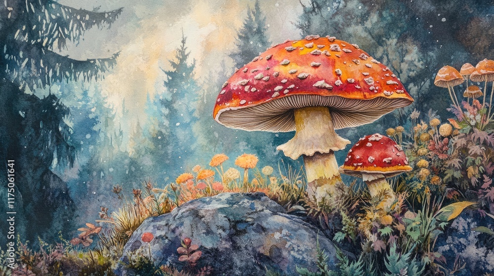 Poster amanita muscaria red fly agaric in a vibrant forest setting during a summer day with lush greenery a