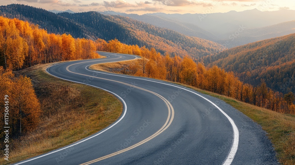 Poster aerial view of a winding mountain road surrounded by vibrant autumn foliage and majestic landscape w