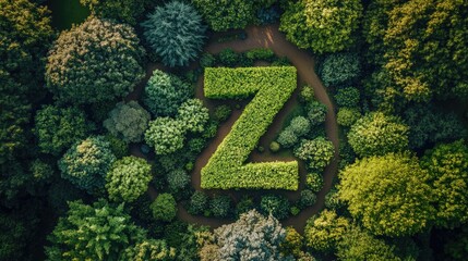 Aerial View of Green Garden Landscape Featuring Uppercase Letter Z Surrounded by Lush Trees and Foliage