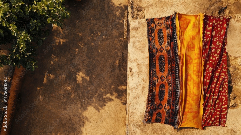 Poster aerial perspective of vibrant traditional fabric from burkina faso showcasing rich colors with empty