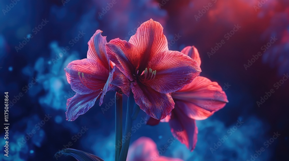 Poster Vibrant Amaryllis Flower Blooming in Colorful Misty Background with Soft Glows and Depth of Field Effects