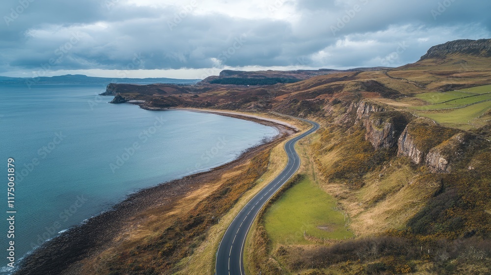 Poster Aerial view of a winding coastal road surrounded by hills and empty space for text placement on a cloudy day
