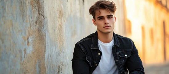 Stylish young hipster man in casual spring attire posing outdoors against a textured wall with ample space for text and advertising purposes