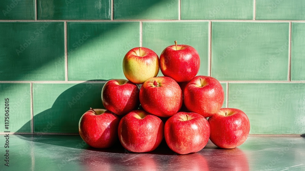 Poster ripe red apples arranged in a pyramid on a metallic surface with green tiled wall and playful shadow