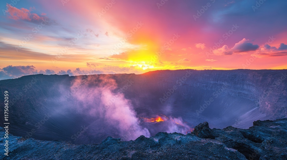 Poster stunning vibrant sunrise over a volcano with multicolored clouds and mist creating a dramatic landsc