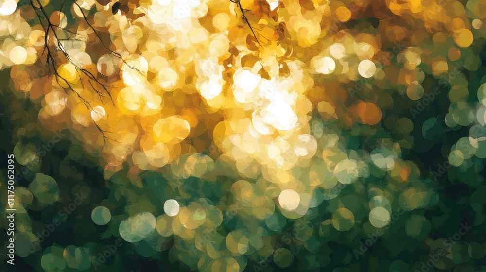 Poster Bokeh effect in a natural landscape with muted brown leaves against a blurred green backdrop creating an abstract artistic atmosphere