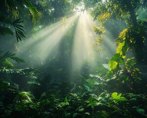 Fototapeta premium Sunbeams piercing through lush rainforest canopy.