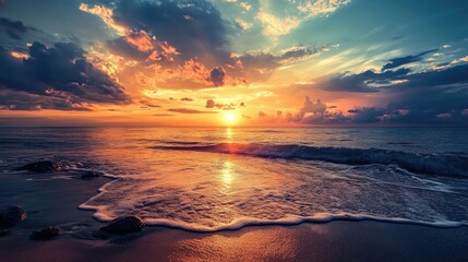 Serene Sunset Over Calm Ocean Waves with Colorful Sky and Clouds in Panoramic View