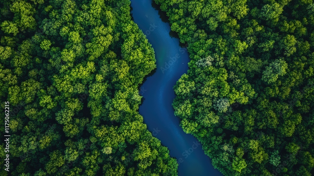 Aufkleber aerial perspective of lush green forest surrounding a winding river with ample space for text placem