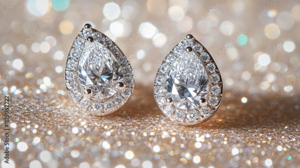 Poster a close-up shot of a diamond earring with a unique shape, set against a backdrop of shimmering sequi