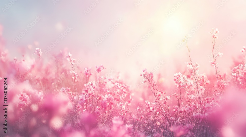 Aufkleber delicate spring meadow filled with pink wildflowers basking in soft sunlight creating a serene flora