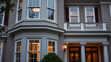 Fototapeta premium A grey, two-story house with white trim, featuring a bay window and a balcony. Warm interior lighting is visible through the windows. The house appears to be in a residential setting.