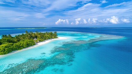 Obraz premium Aerial view of a serene tropical island showcasing pristine beaches and vibrant turquoise waters under a clear blue sky