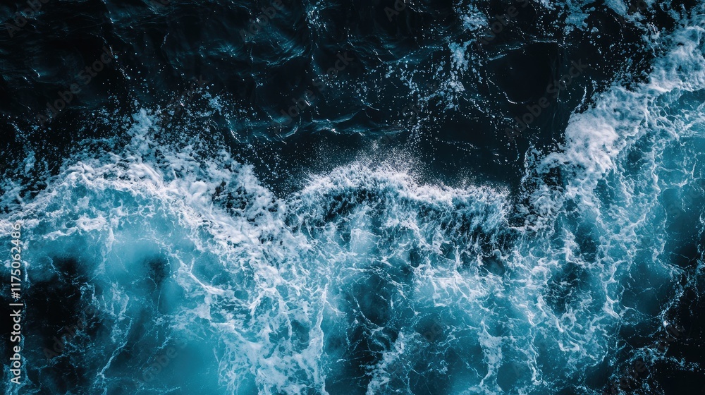 Poster Aerial view of ocean waves crashing creating dynamic textures with ample negative space for creative text or advertising placement