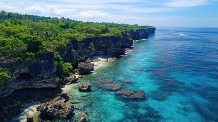 Fototapeta premium Stunning aerial view of coastline featuring coral reefs and lush greenery along rocky shorelines with clear turquoise waters.