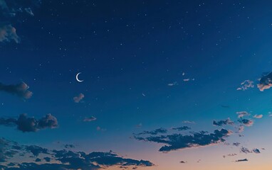 Fototapeta premium Beautiful night sky with a crescent moon and stars, sunset sky with clouds. Ramadan background banner. Copy space for text. high-resolution, professional photograph, very detailed.